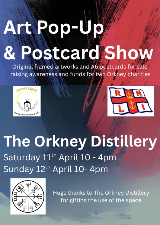 A promotional poster for the UHI Orkney Student Art Pop-Up & Postcard Show