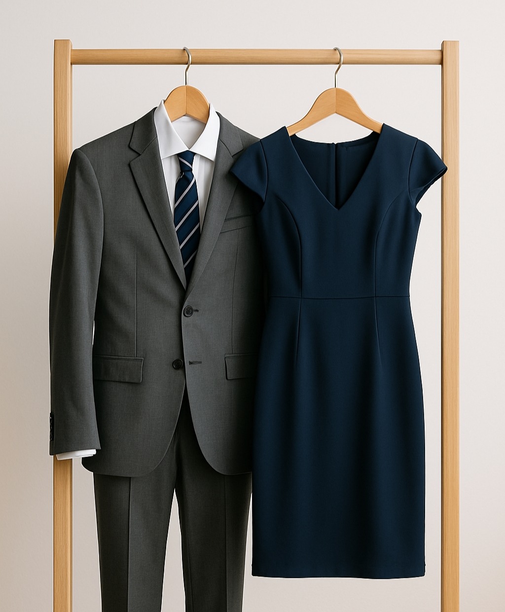 A suit and dress on a hanging rail